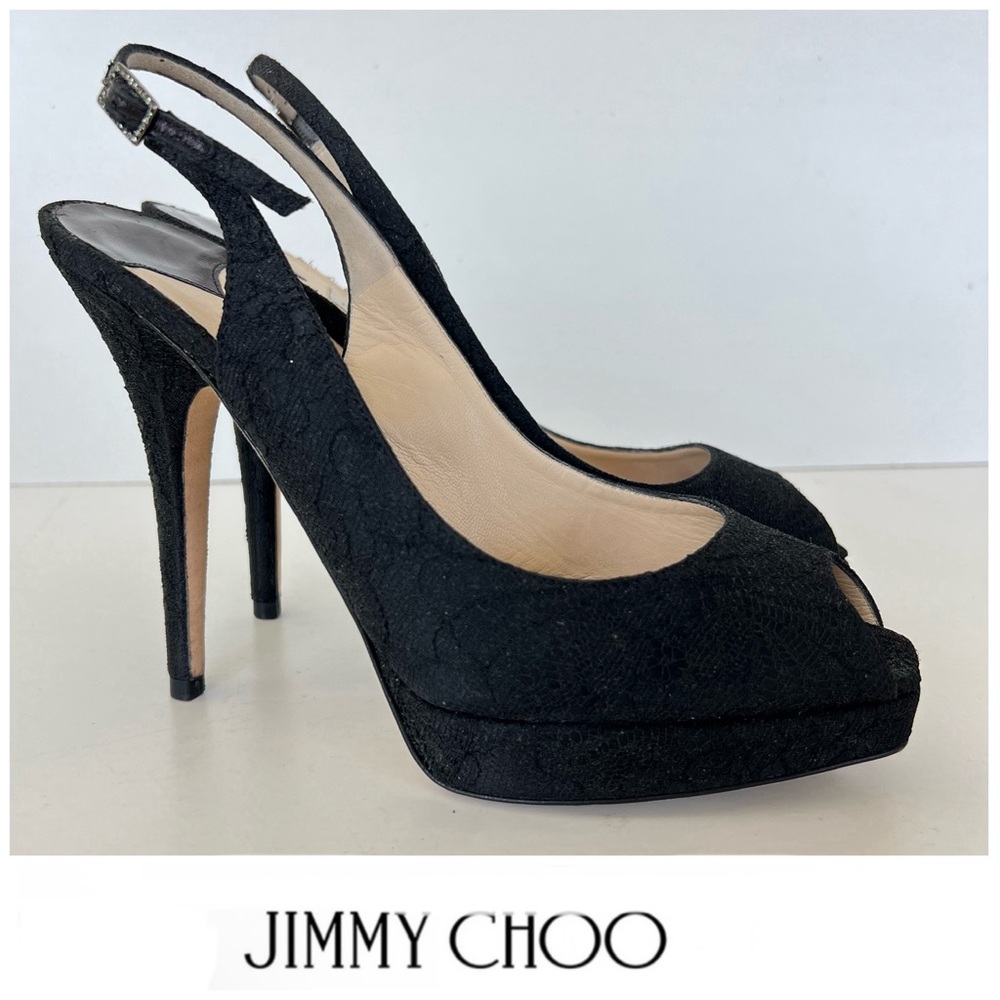 JIMMY CHOO Black Textured Fabric Lace Side Buckle Peep Toe Heel Sandals Sz 37.5